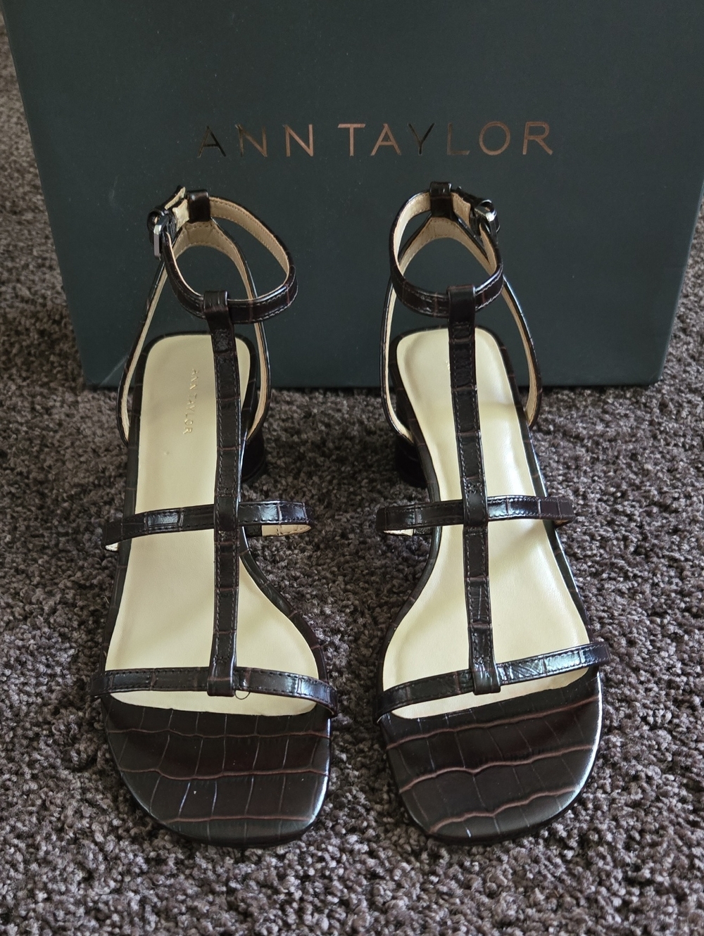 NEW Ann Taylor Brown Block Heel T Strap Sandal 8 - Picture 2 of 7
